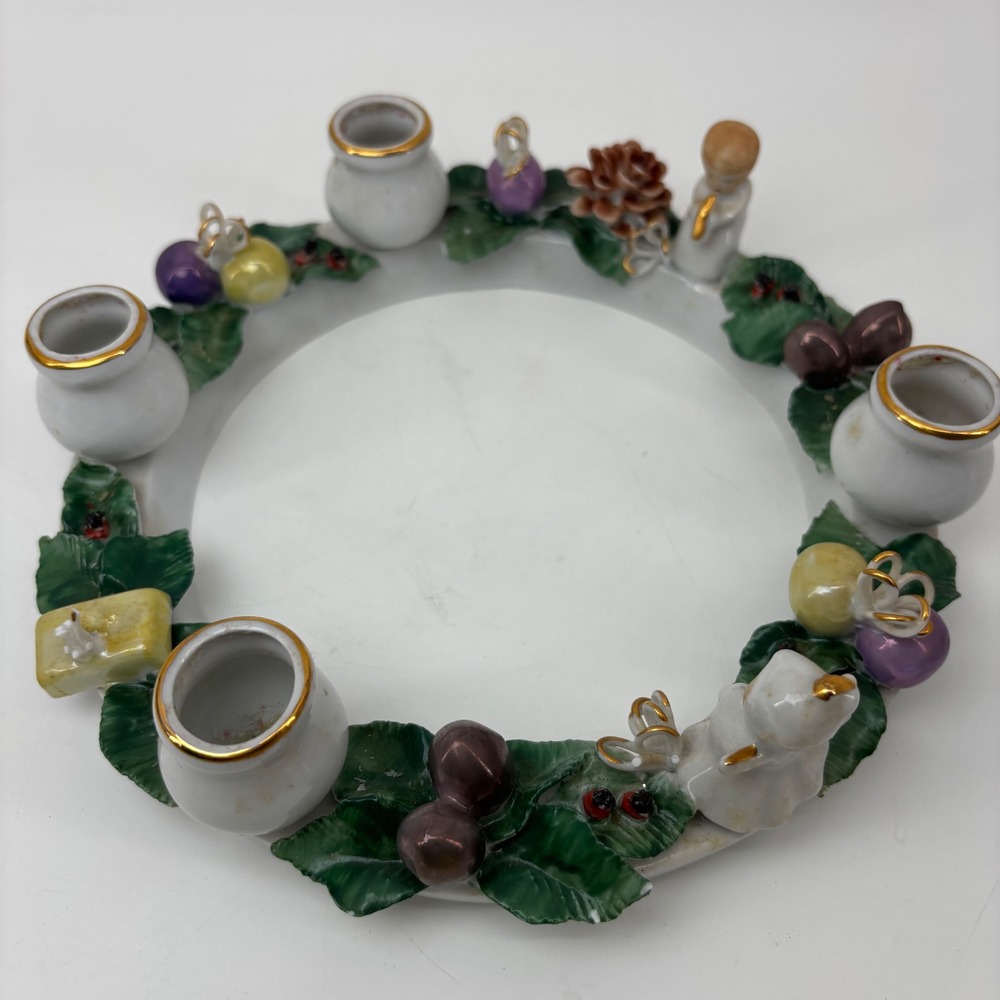 Vintage Ceramic Advent Wreath Candle Holder Christmas Angel Holly Berries Gold